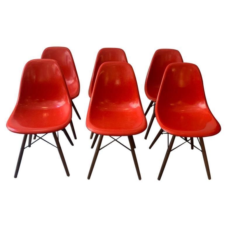 Vintage Set Of 6 Cherry Red Fiberglass Dowel Chairs By Charles & Ray Eames