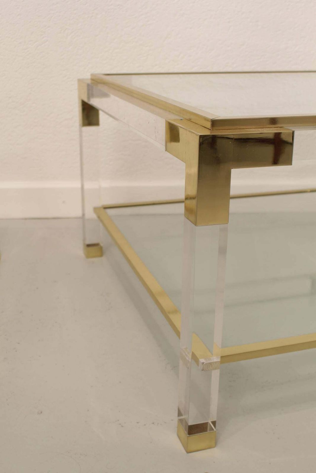 1970 Mid Century Lucite Brass Glass Top Coffee Cocktail Table With Bottom Shelf photo Furniture
