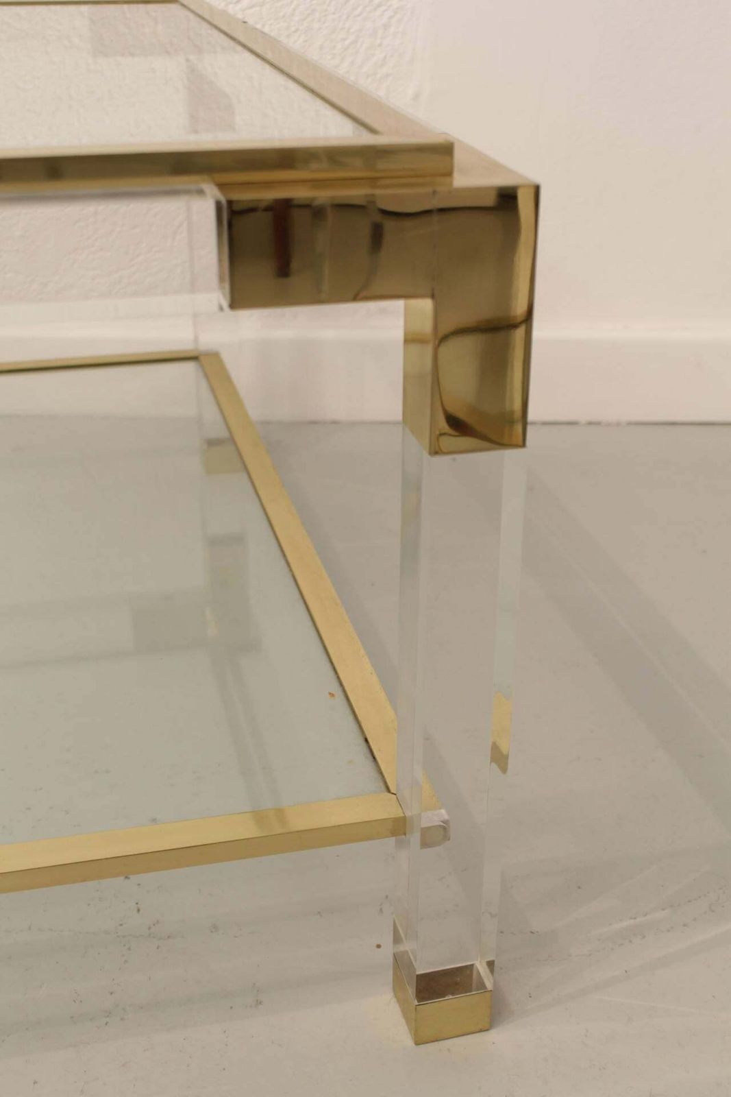 1970 Mid Century Lucite Brass Glass Top Coffee Cocktail Table With Bottom Shelf photo 1330.0