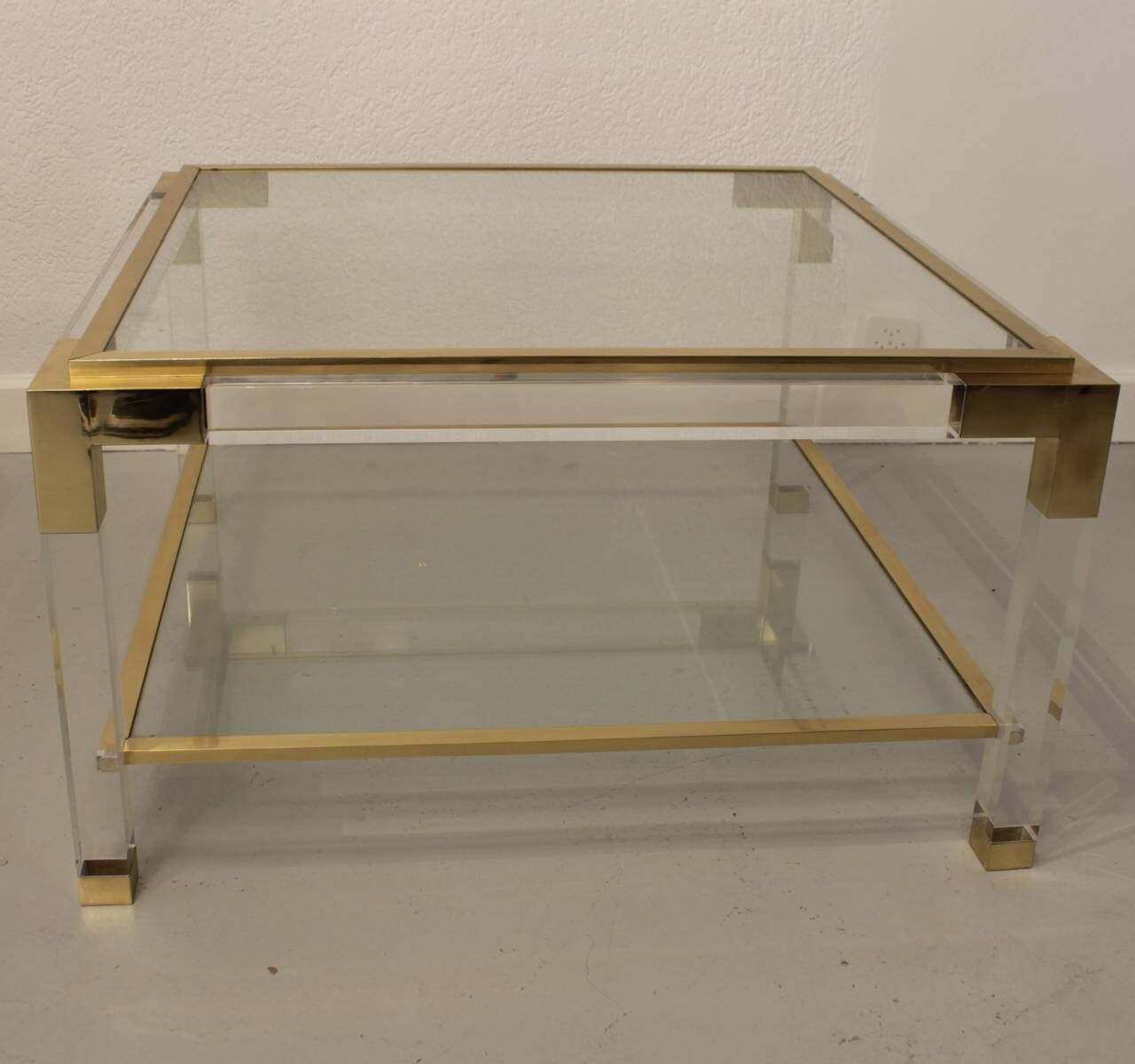 1970 Mid Century Lucite Brass Glass Top Coffee Cocktail Table With Bottom Shelf photo vinterior