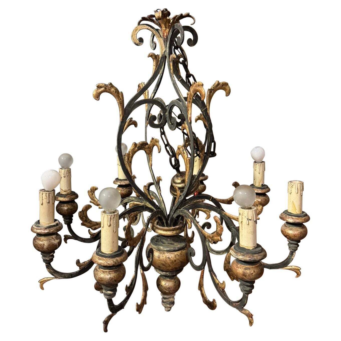 Ceiling Chandelier In Sheet Metal And Gilded Wood, Italy