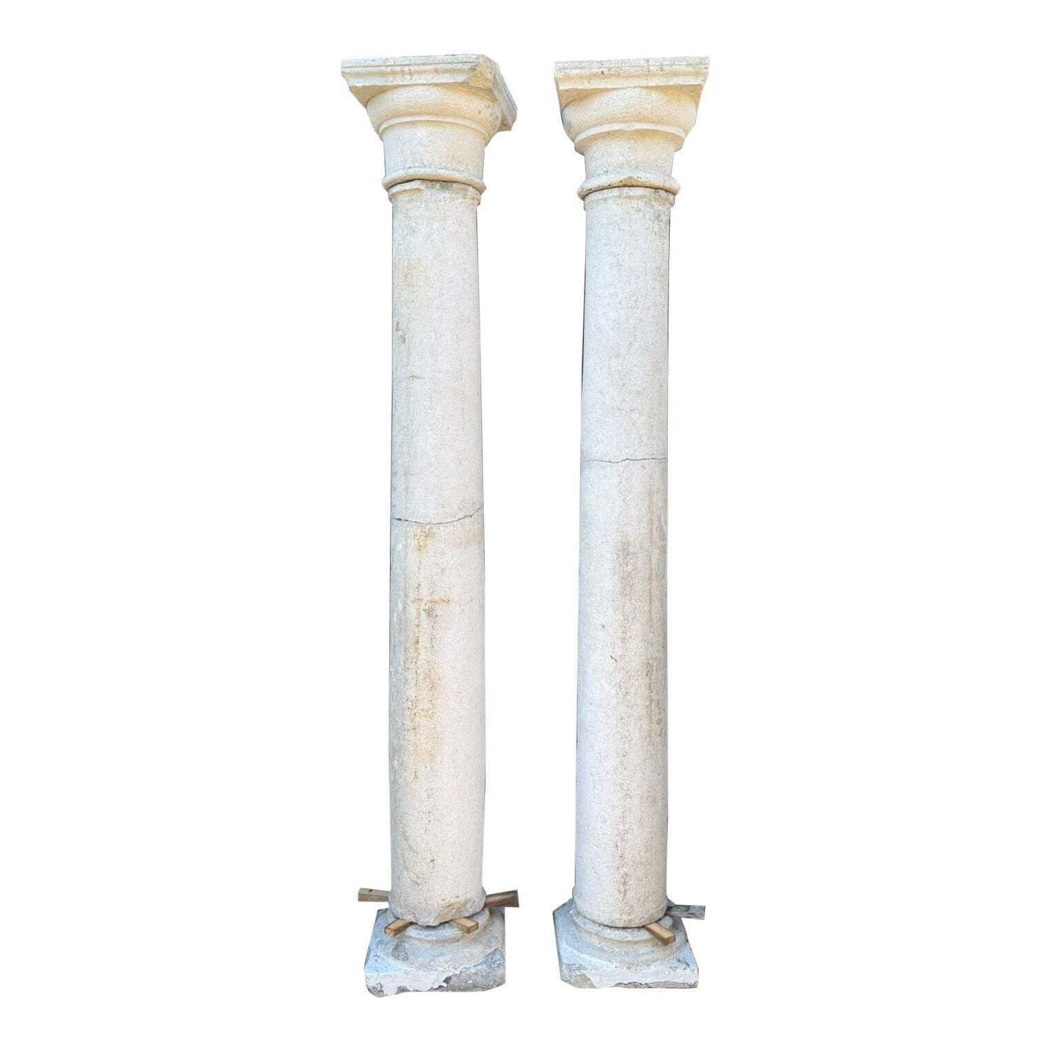 Pair Of Botticino Columns With Capitals And Base, Italy