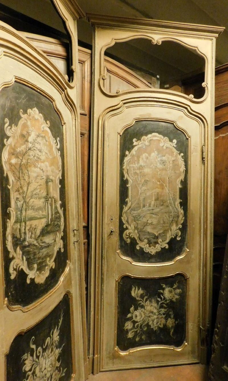 N. 2 Internal Doors In Walnut And Richly Painted With Frame And Overdoor, Italy photo for sale