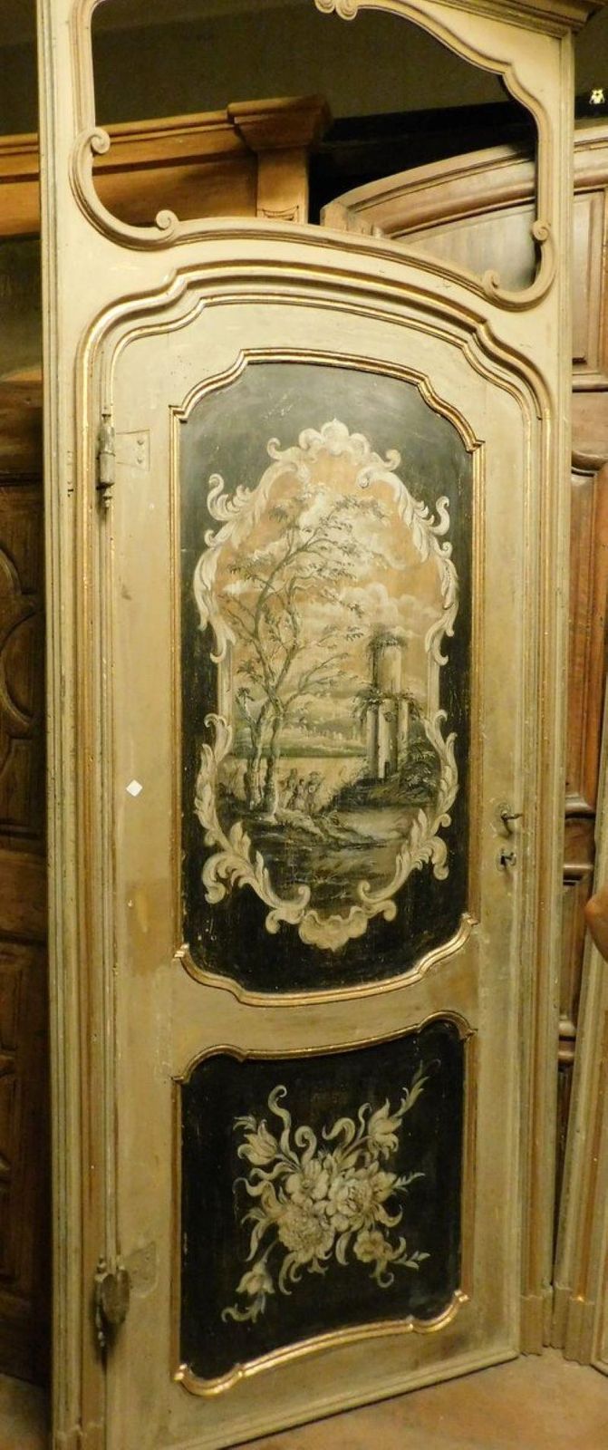 N. 2 Internal Doors In Walnut And Richly Painted With Frame And Overdoor, Italy photo 9291.0