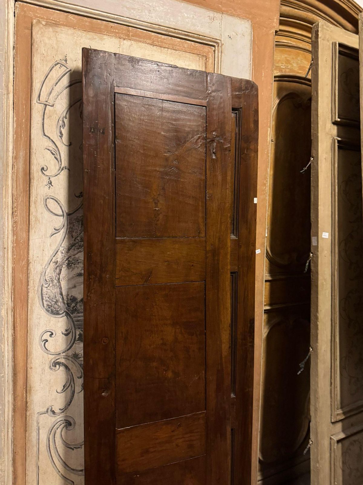 Antique Door In Walnut Wood, Two Leaves With Carved Panels, Italy photo for sale
