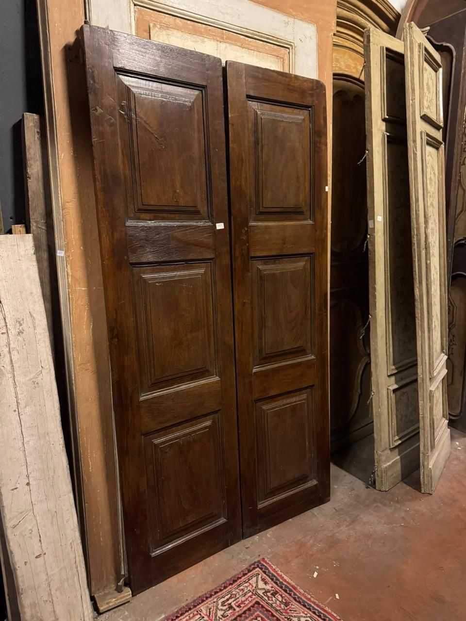 photo for sale Antique Door In Walnut Wood, Two Leaves With Carved Panels, Italy