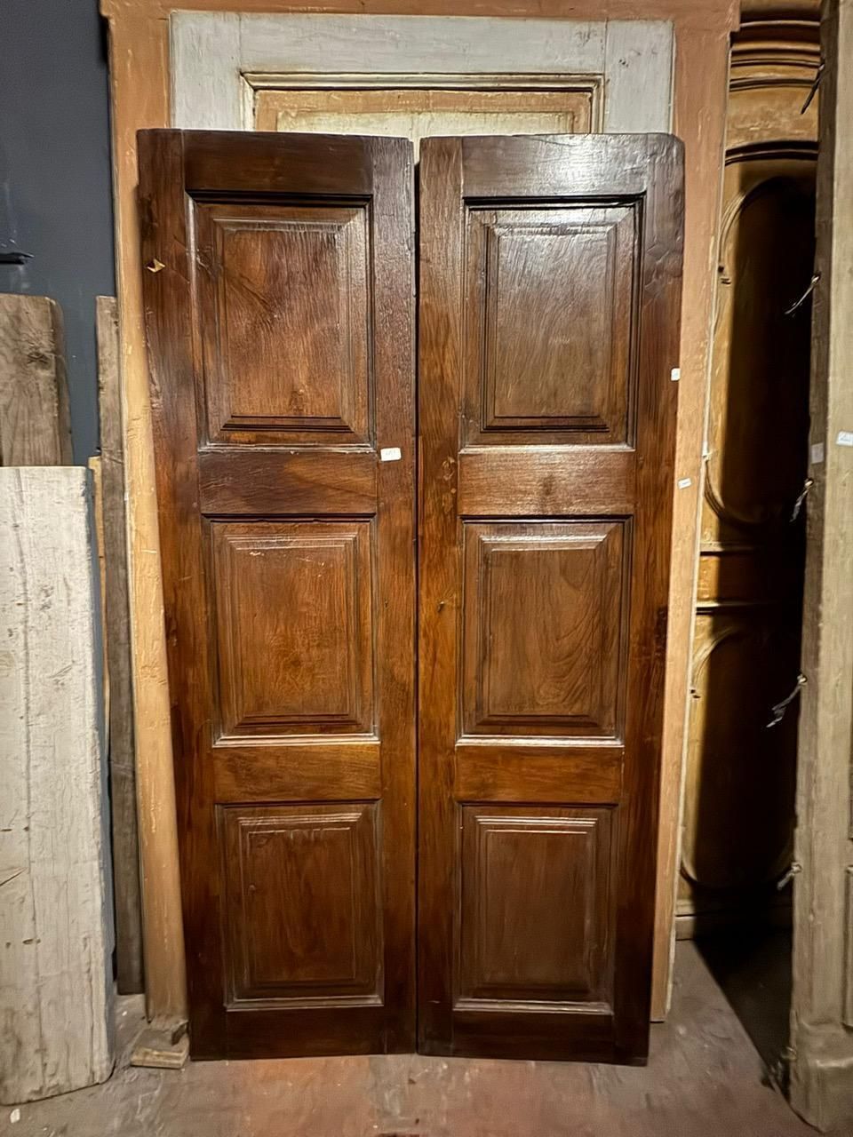 Home Fixtures Antique Door In Walnut Wood, Two Leaves With Carved Panels, Italy photo
