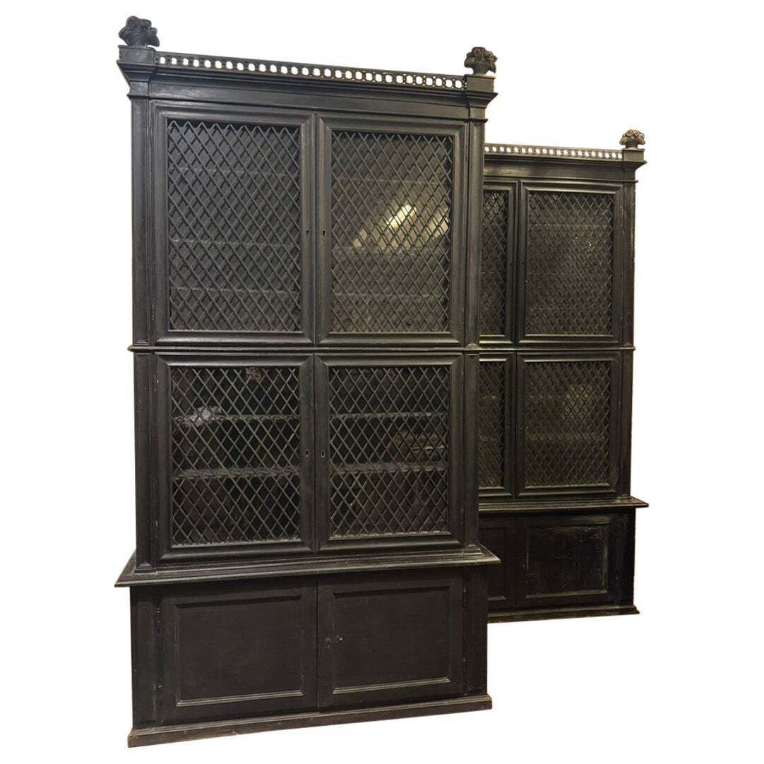 Pair Of Display Cabinets In Black Lacquered Wood With Mesh Glass, Italy
