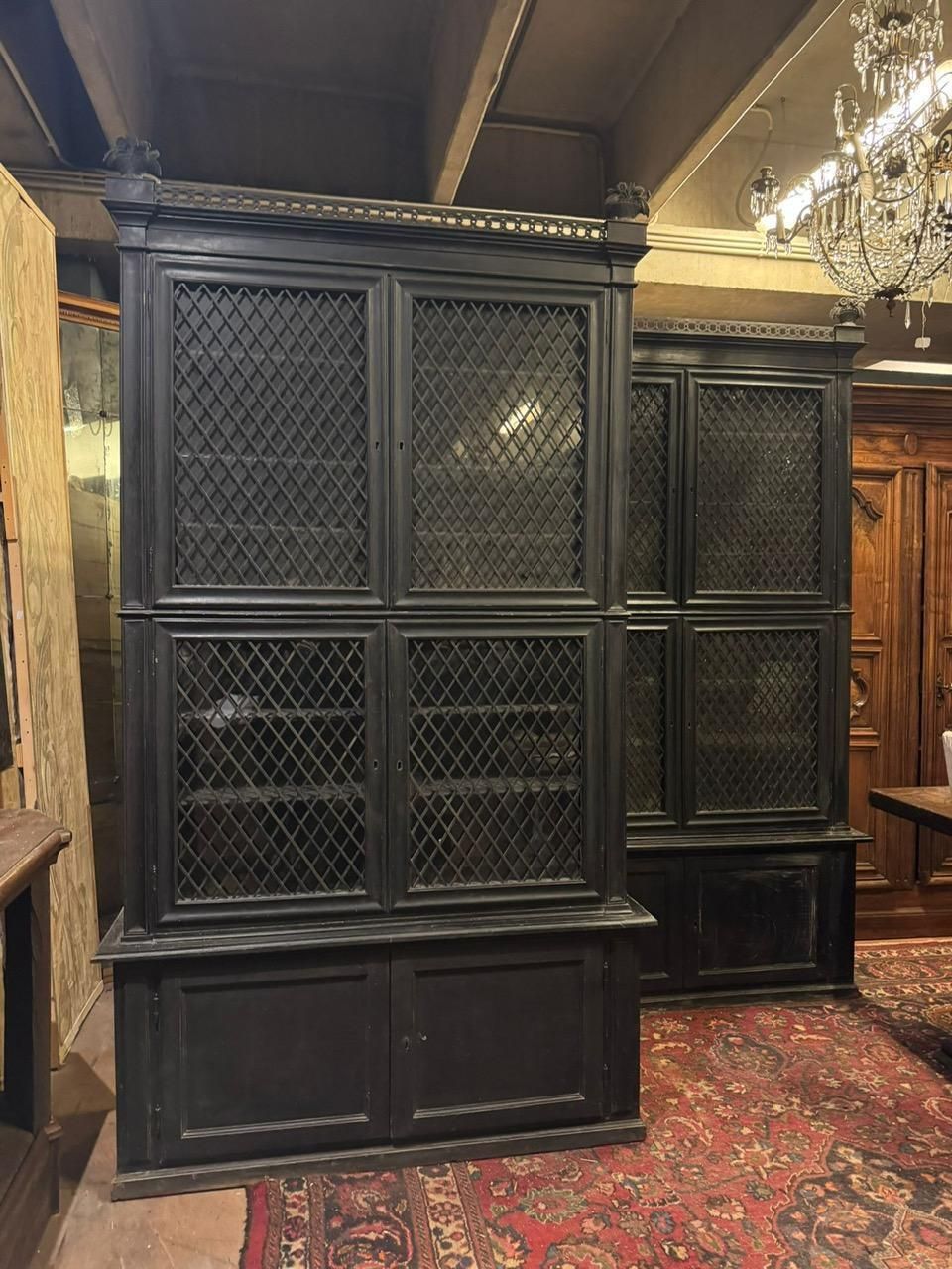 Pair Of Display Cabinets In Black Lacquered Wood With Mesh Glass, Italy photo furniture