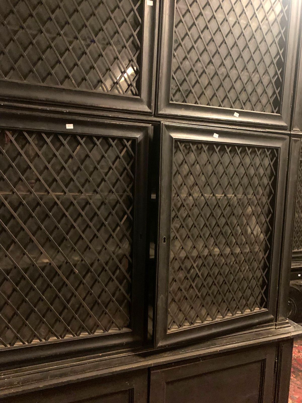 Pair Of Display Cabinets In Black Lacquered Wood With Mesh Glass, Italy photo for sale