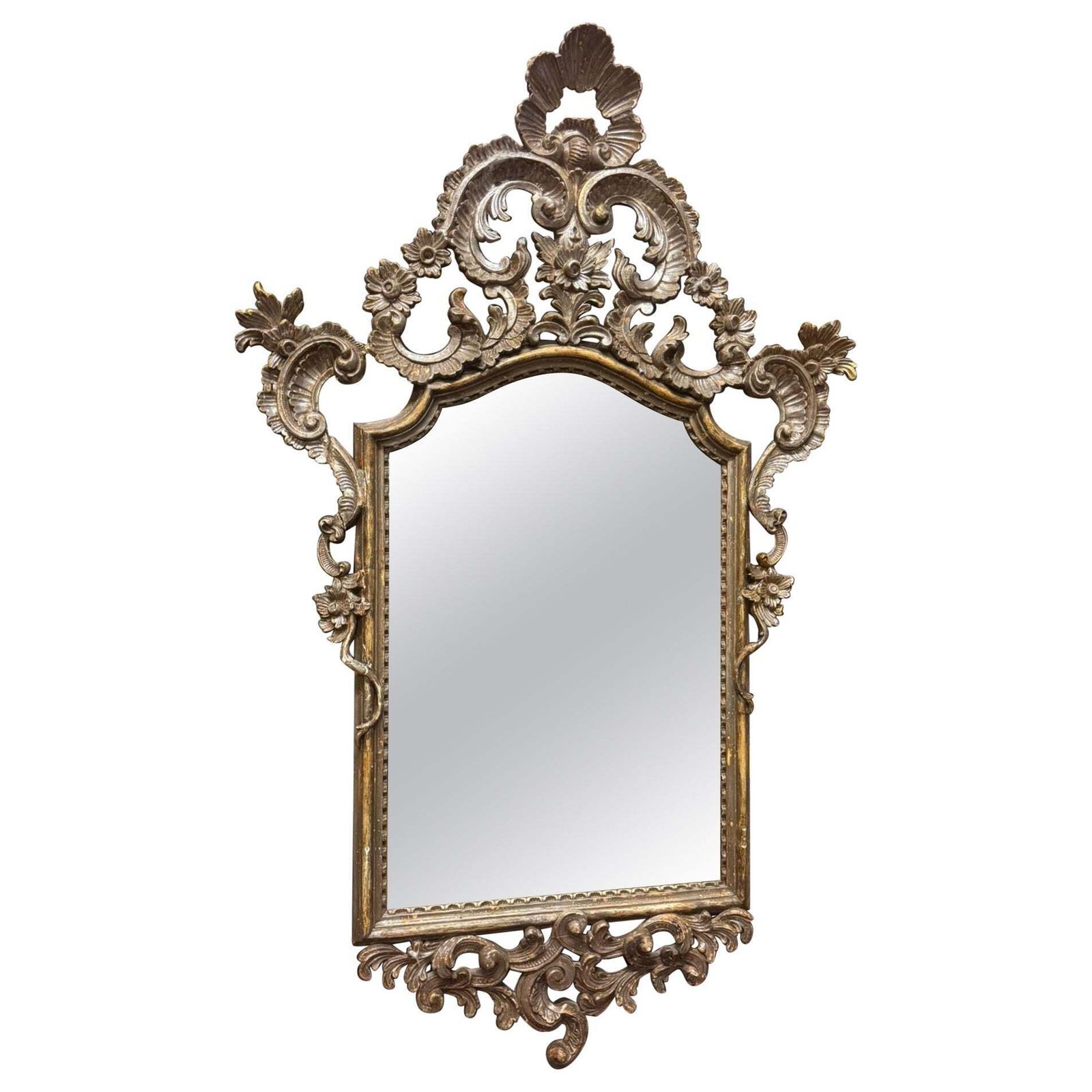 Mirror In Silver Lacquered Wood, Richly Carved With Open Carved Top, Italy