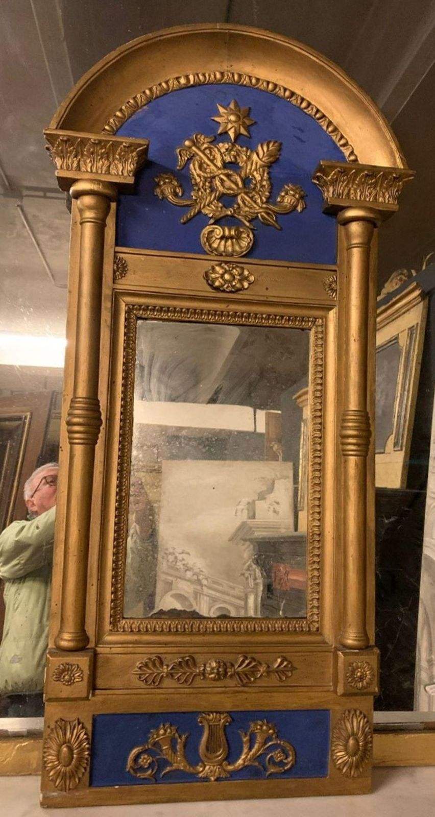 Blue And Gold Lacquered Wooden Mirror, With Medicine Symbol, Italy photo for sale