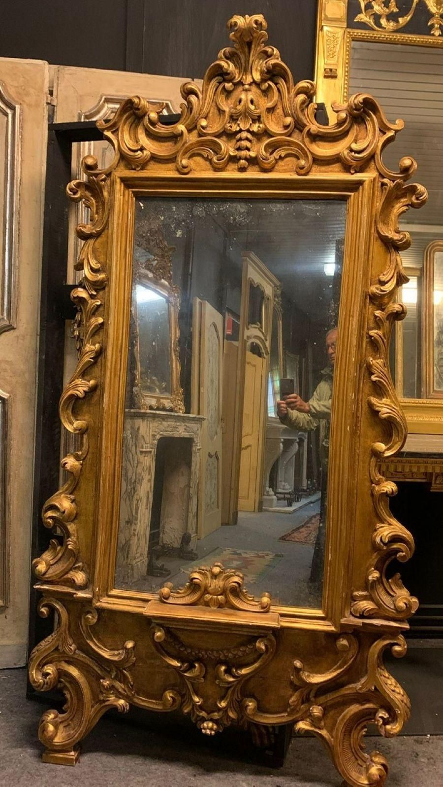 Floor Mirror In Gilded Wood, Richly Carved With Scroll Decorations, Italy photo for sale