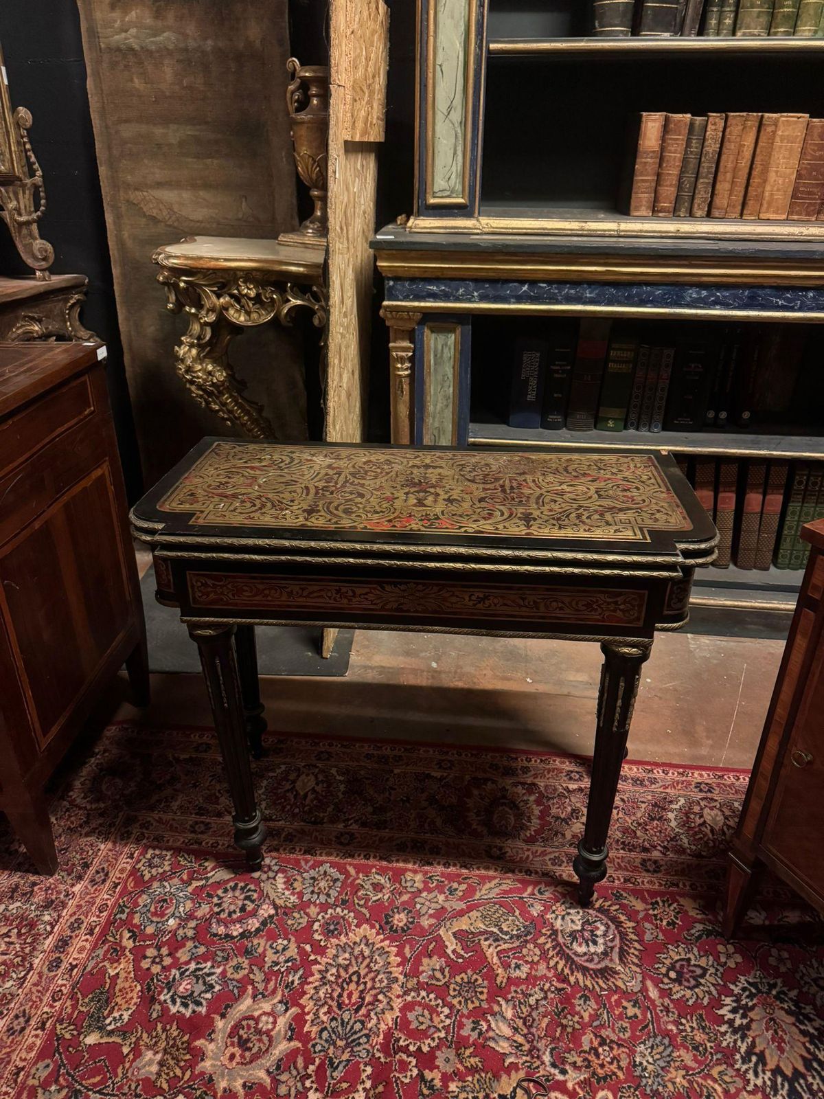 Boulle Style Game Table In Ebonized Wood And Gilded Decorations, France photo for sale