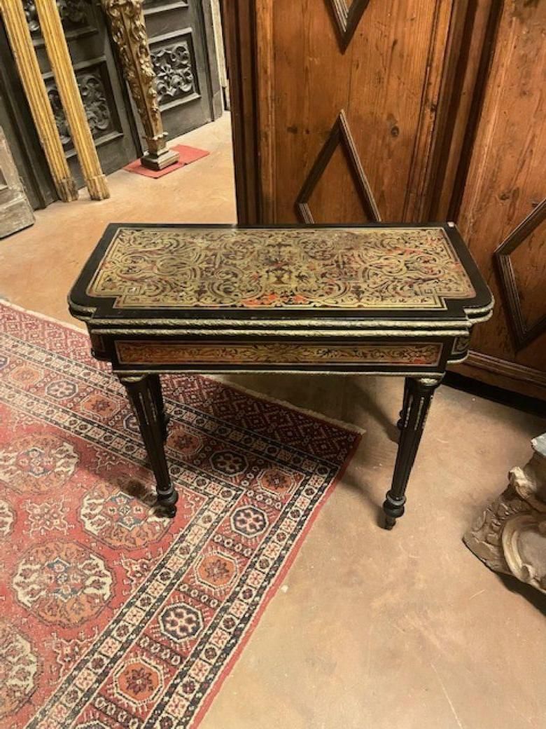 photo for sale Boulle Style Game Table In Ebonized Wood And Gilded Decorations, France