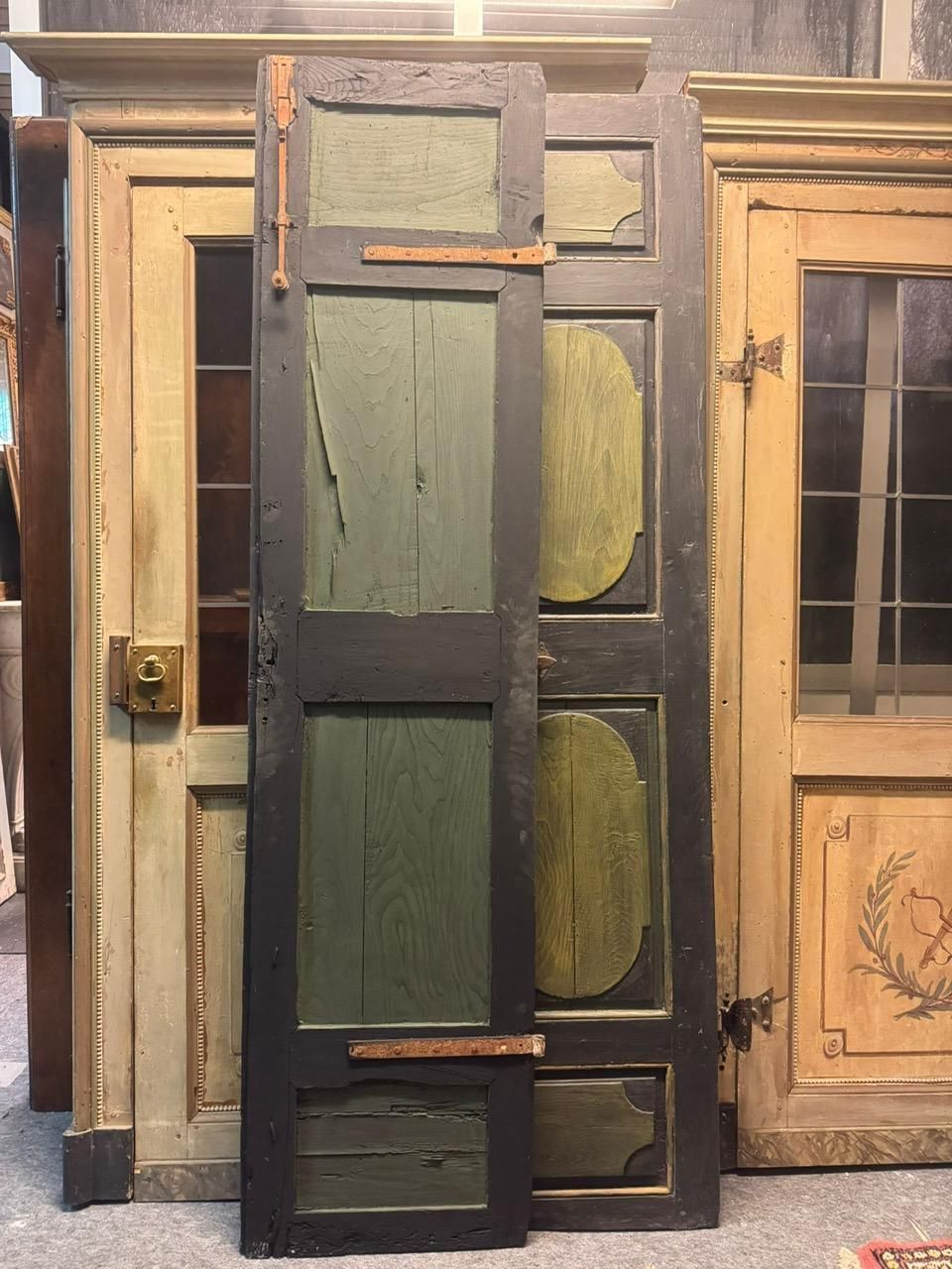 Lacquered Wooden Door, Two Leaves, Panels Carved With Geometric Figures, Italy photo for sale