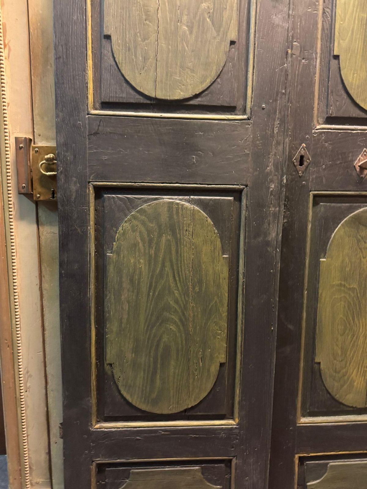 Lacquered Wooden Door, Two Leaves, Panels Carved With Geometric Figures, Italy photo buy
