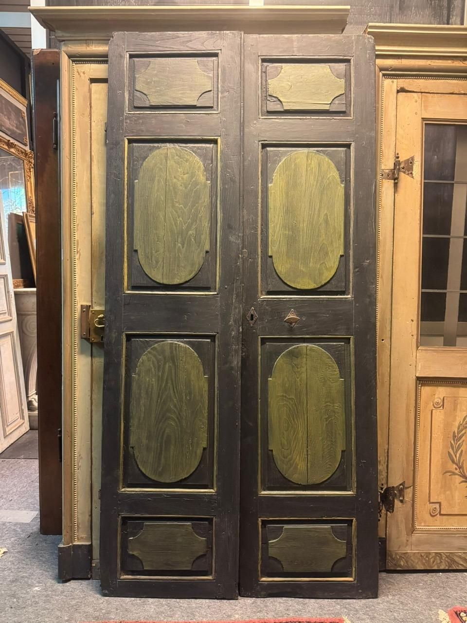 Lacquered Wooden Door, Two Leaves, Panels Carved With Geometric Figures, Italy photo vintage