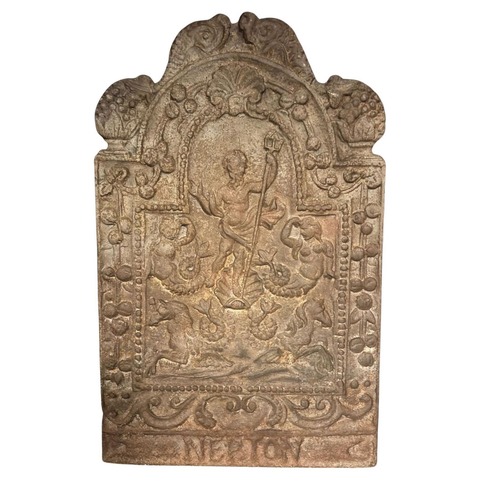 Cast Iron Fireplace Bottom Plate, With Sculpted Mythological Figures, Italy