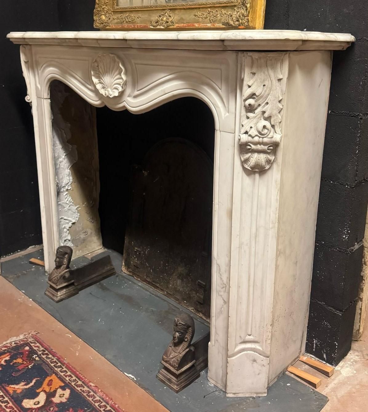 Fireplace Mantle In White Carrara Marble Carved With Shell, France photo buy