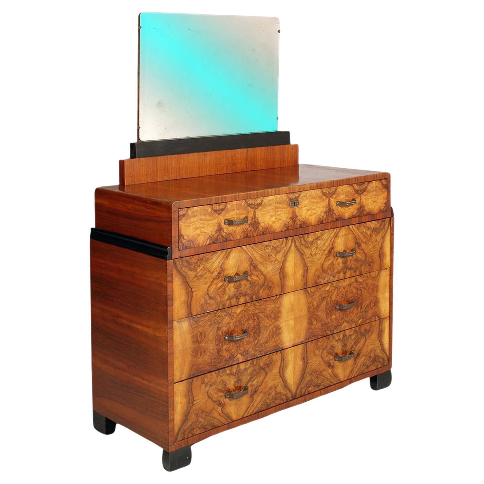 Art Deco Commode & Mirror In Walnut By Atelier Varedo, Gino Maggioni Attributed.
