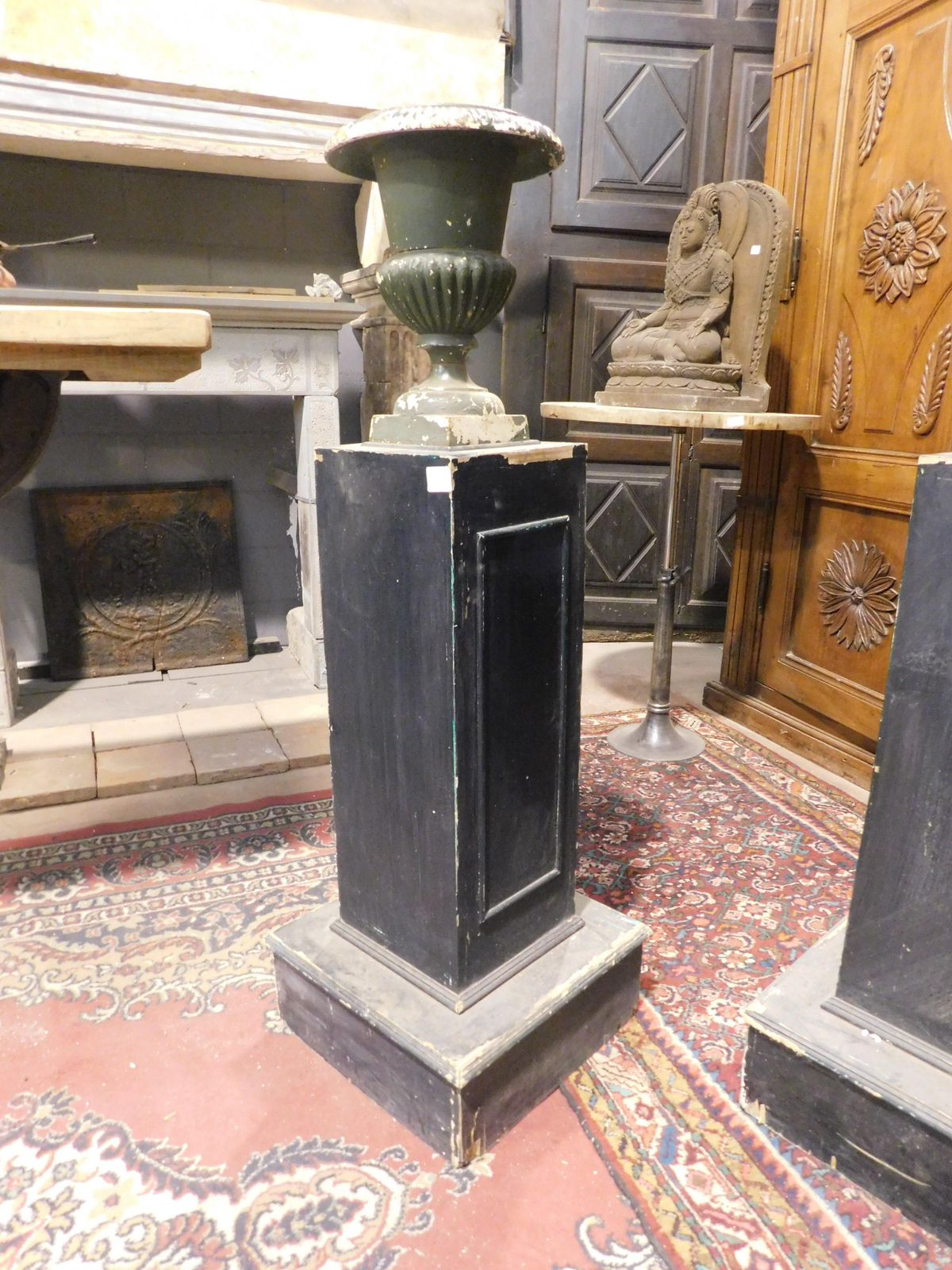 Pair Of Wooden Pillars With Attached Cast Iron Vases, Italy photo buy