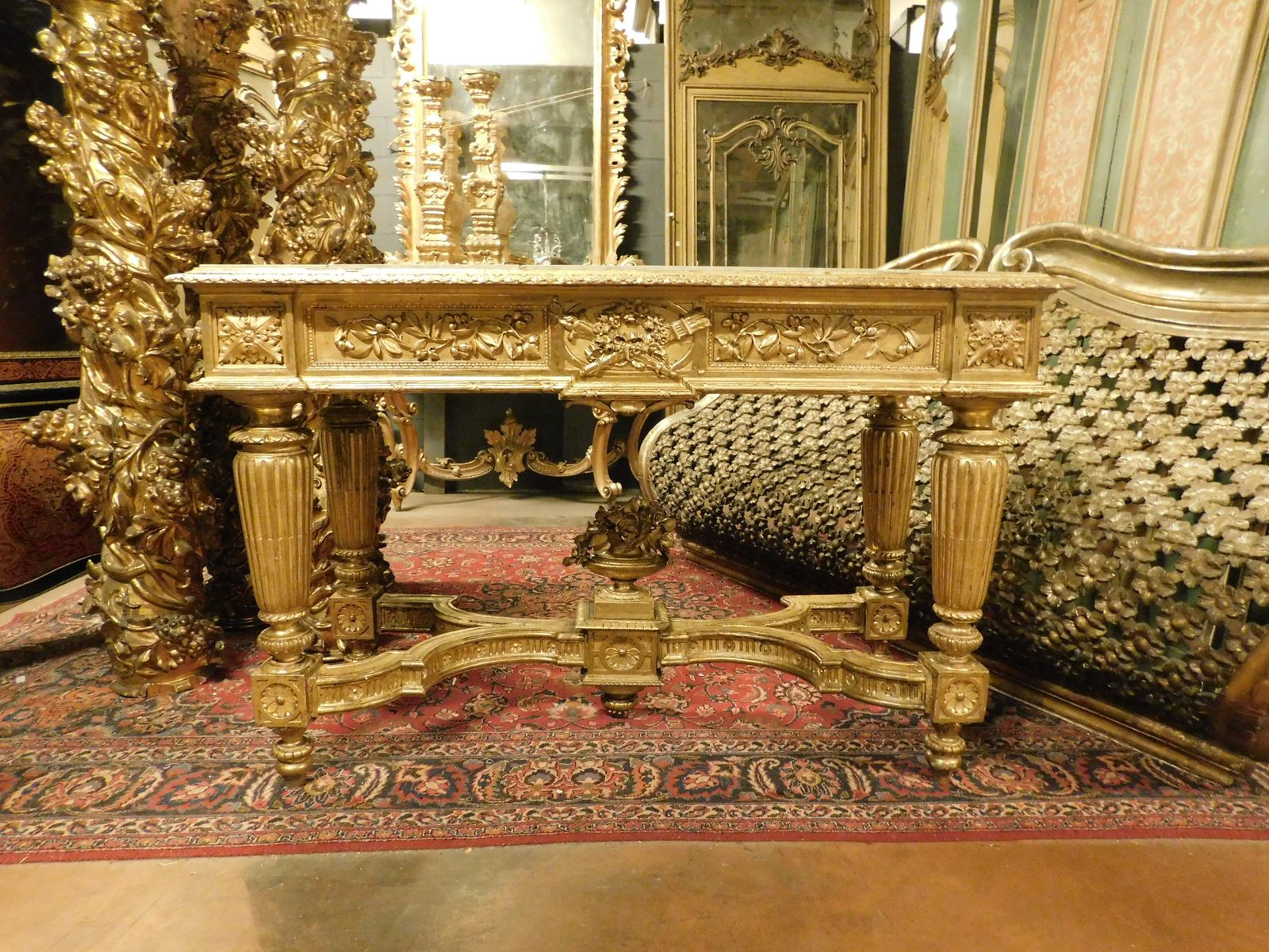 Richly Carved And Gilded Wooden Console Table, White Marble Top, Italy photo Furniture