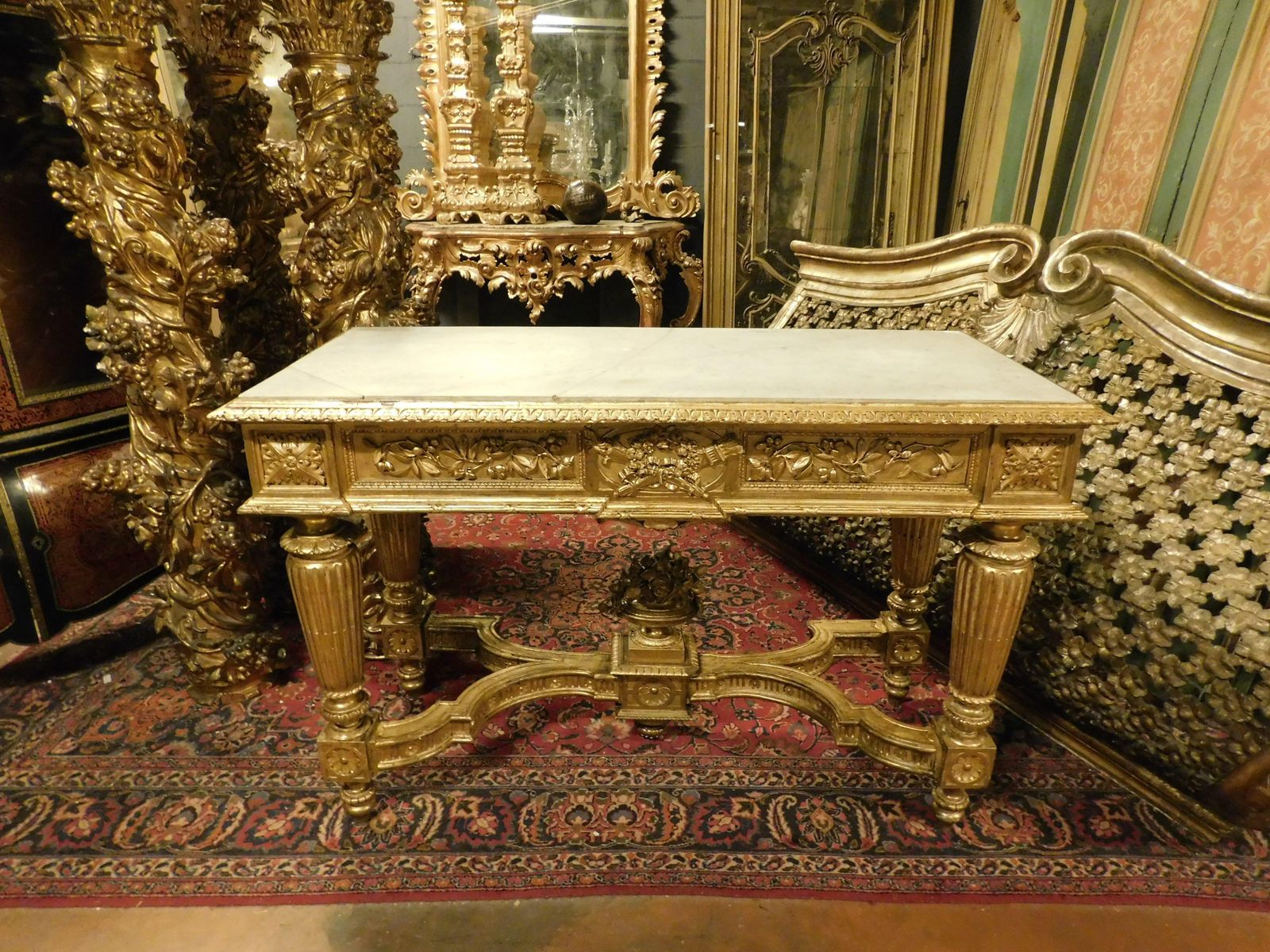 Richly Carved And Gilded Wooden Console Table, White Marble Top, Italy photo 6108.0