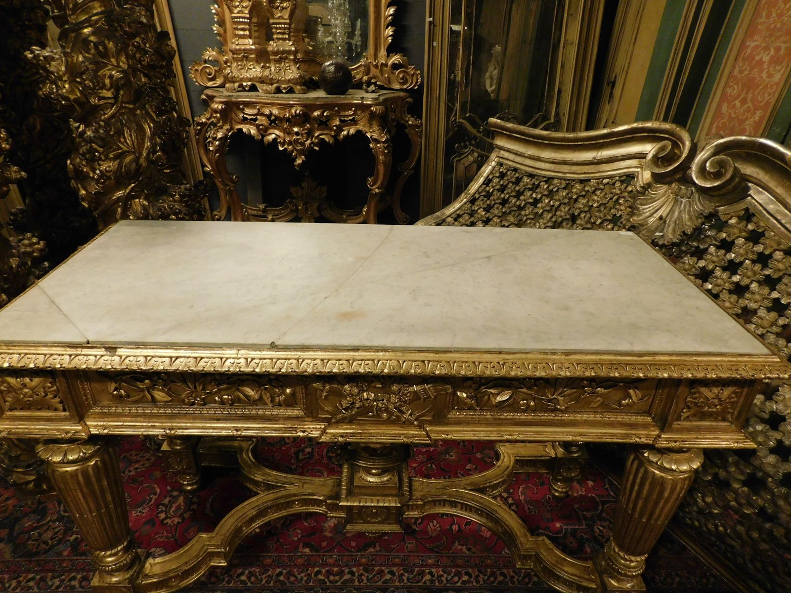 Richly Carved And Gilded Wooden Console Table, White Marble Top, Italy photo vinterior