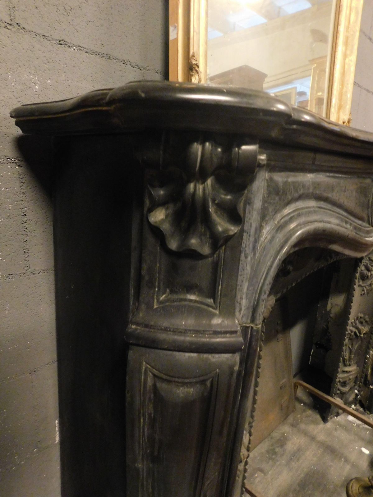 Mantle Fireplace In Black Belgian Marble, Carved With Shells, France photo vinterior