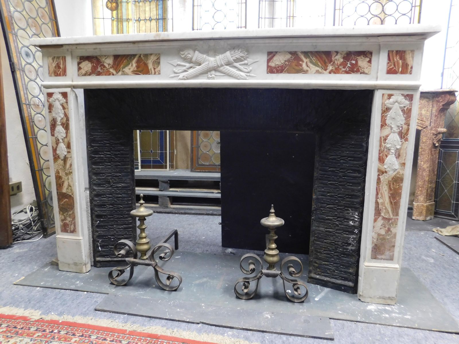 White Carrara Marble Mantle Fireplace With Red Inlays, Louis XVI, France photo Home Fixtures