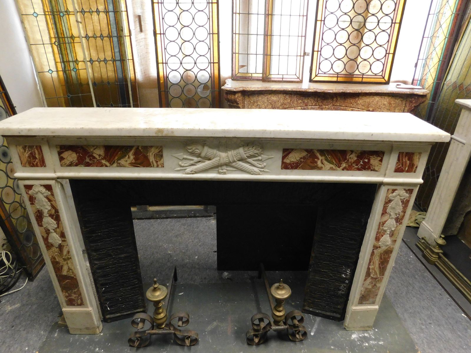 White Carrara Marble Mantle Fireplace With Red Inlays, Louis XVI, France photo vinterior
