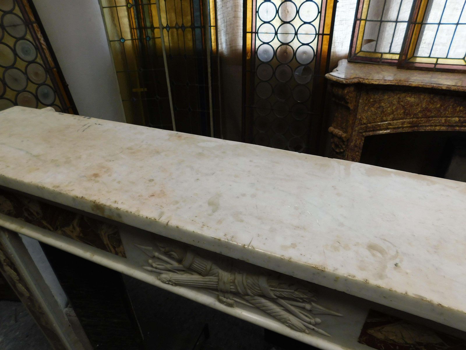 photo vinterior White Carrara Marble Mantle Fireplace With Red Inlays, Louis XVI, France
