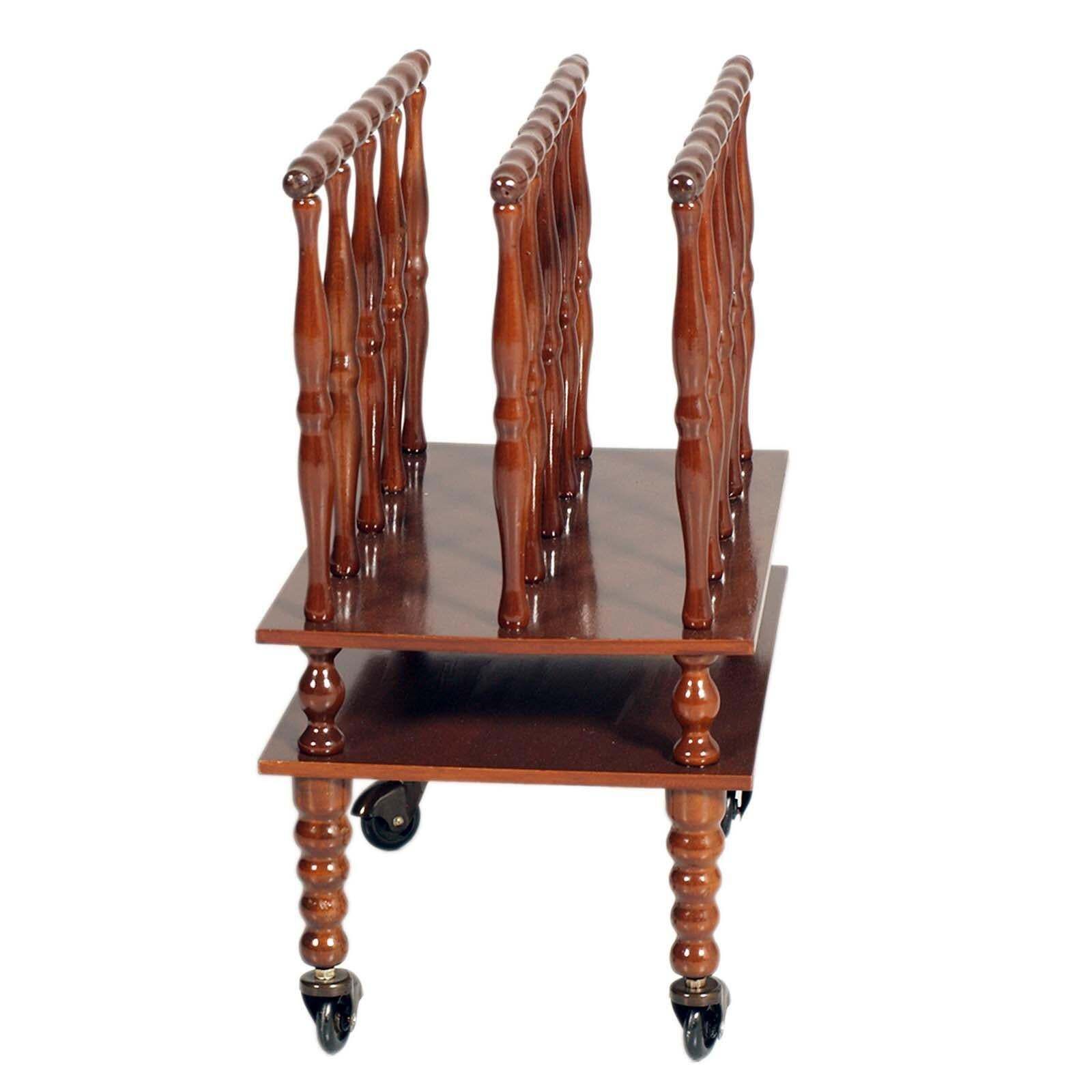 Early 1900s Walnut Magazine Rack With Spool Legs On Swivel Wheels, Wax Polished photo furniture