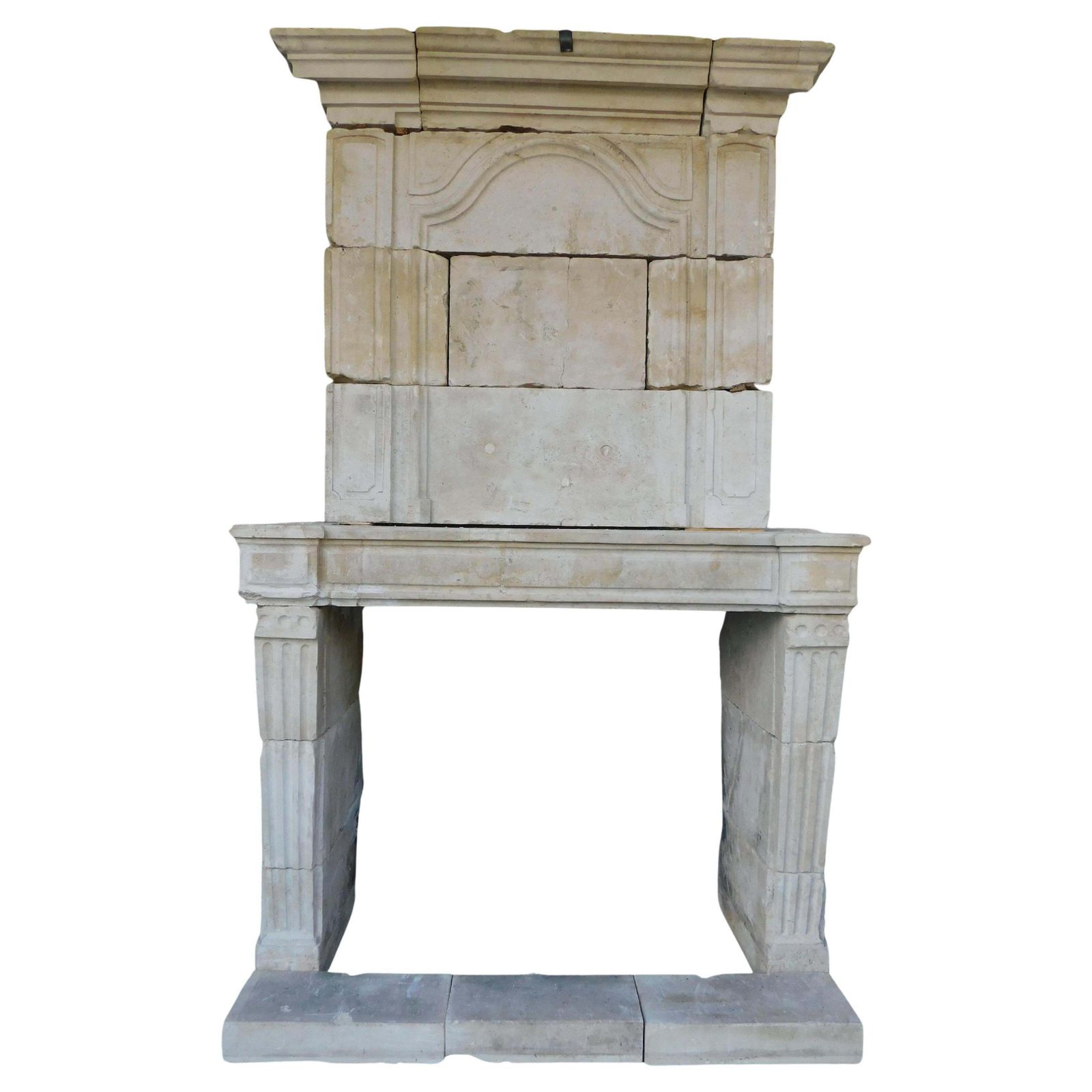 Burgundy Stone Mantel Fireplace, Carved Columns And Trumeau, France