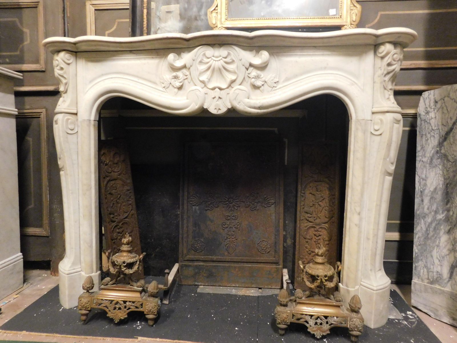 Fireplace Handle Carved With Three Shells In White Carrara Marble, France photo vinterior