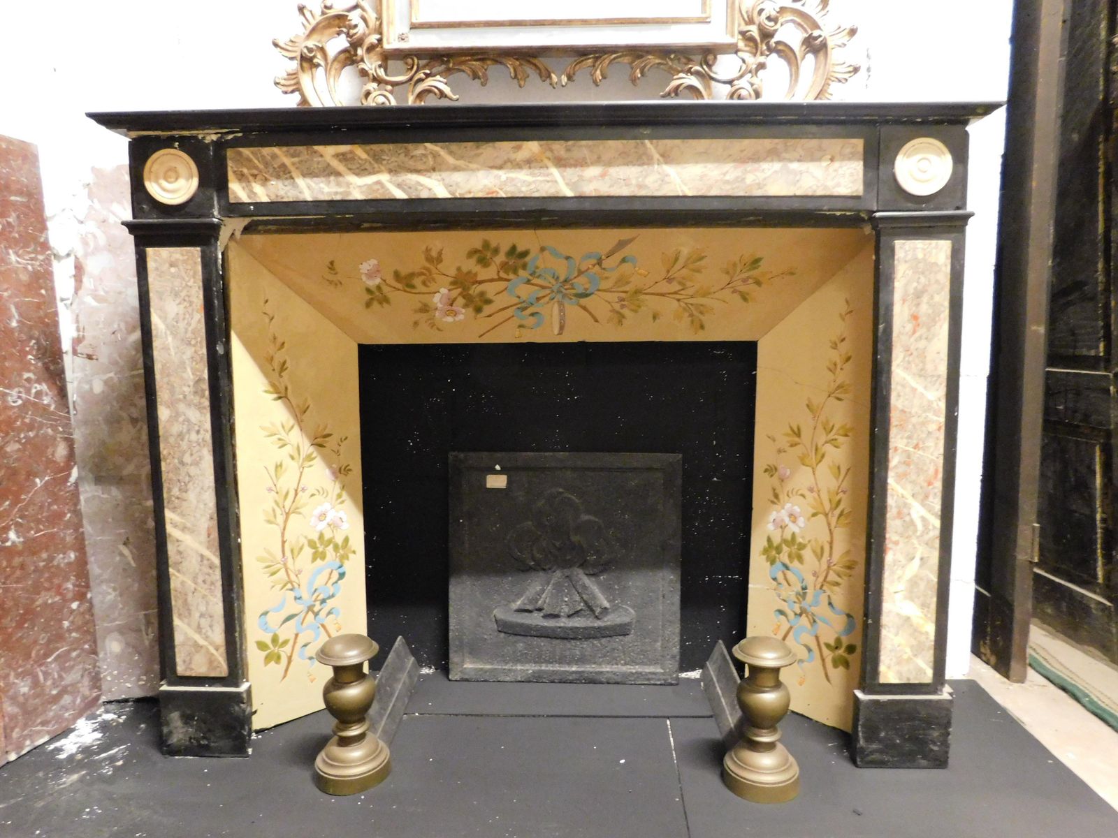 Fireplace Mantle In Black Marble With Beige Marble Inlays, Italy photo furniture