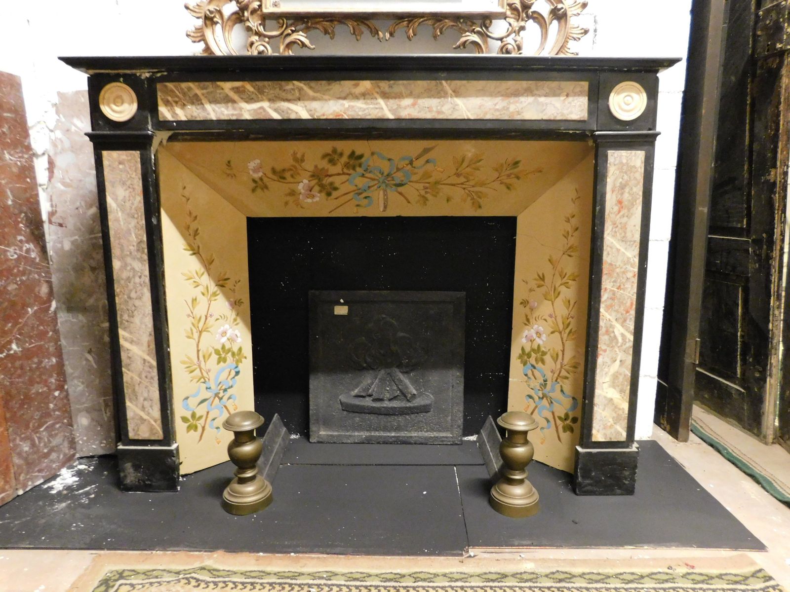 Fireplace Mantle In Black Marble With Beige Marble Inlays, Italy photo 2600.0