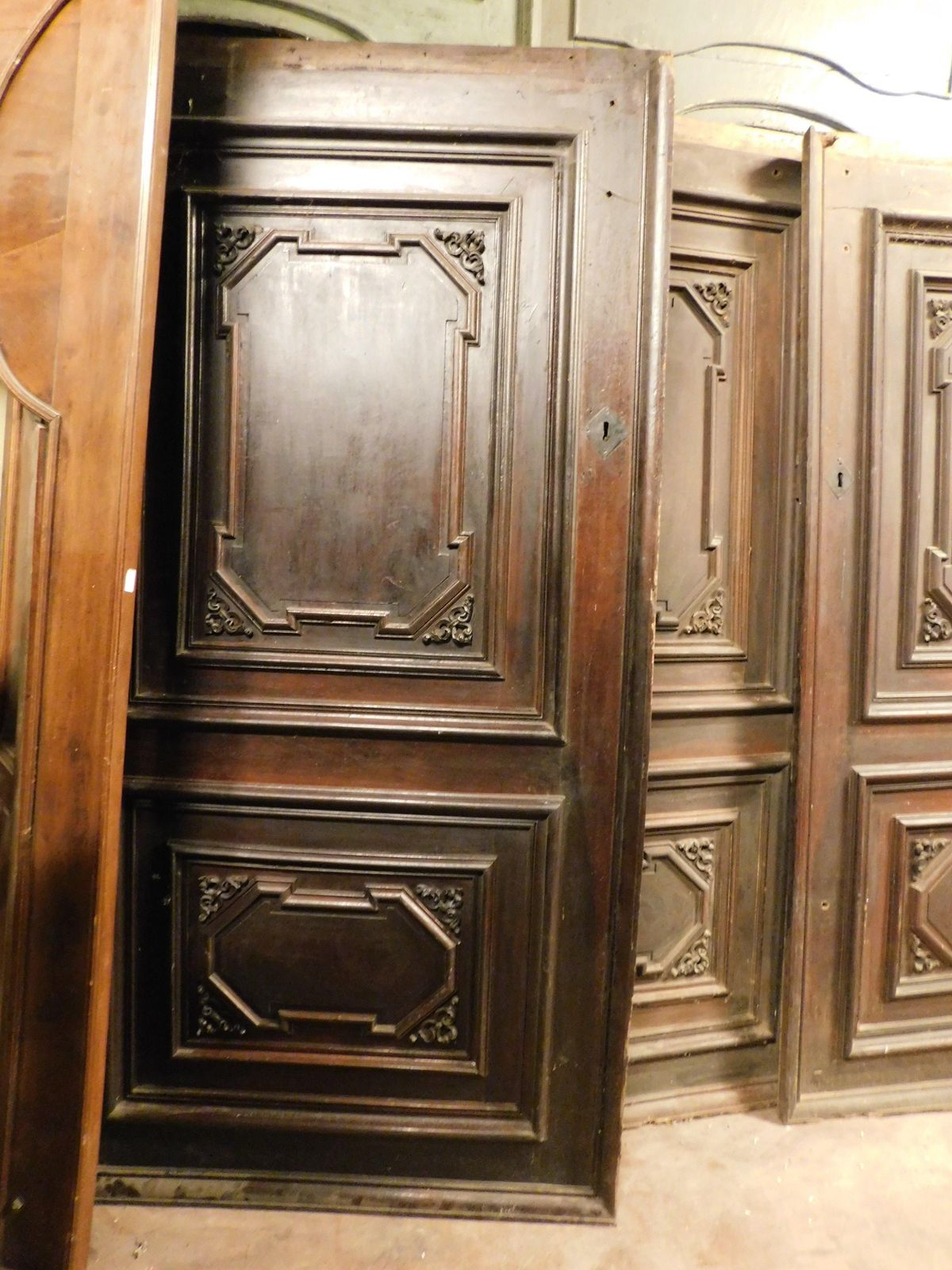 photo furniture Set Of 3 Walnut Doors, Each With A Single Leaf With Carved Panels, Italy