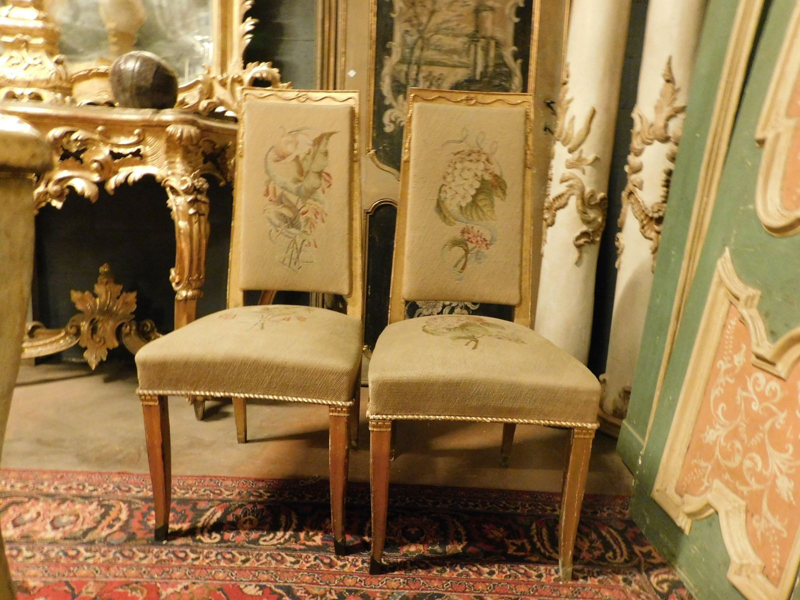 Pair Of Gilded Wooden Chairs. With Embroidered Fabric, Italy photo furniture