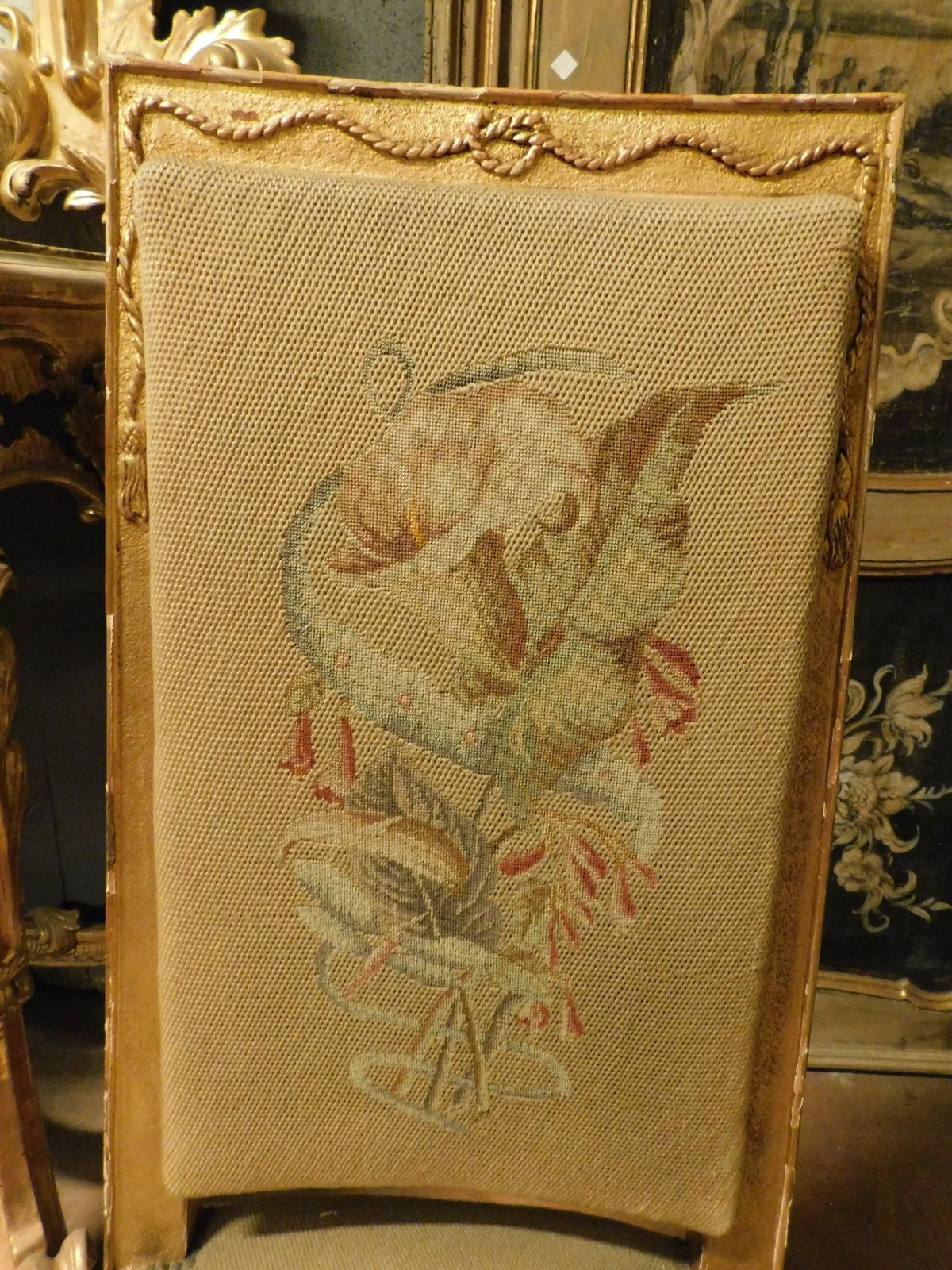 Pair Of Gilded Wooden Chairs. With Embroidered Fabric, Italy photo vintage