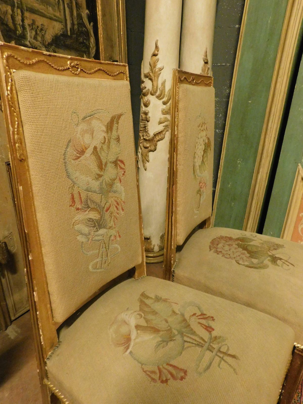 photo for sale Pair Of Gilded Wooden Chairs. With Embroidered Fabric, Italy