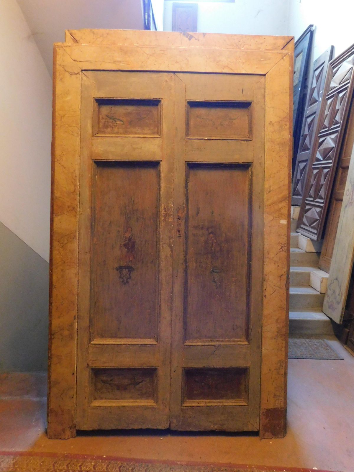 Set Of 2 Doors Similar In Size, Painted Figurines And Lacquered Frame, Italy photo Home Fixtures