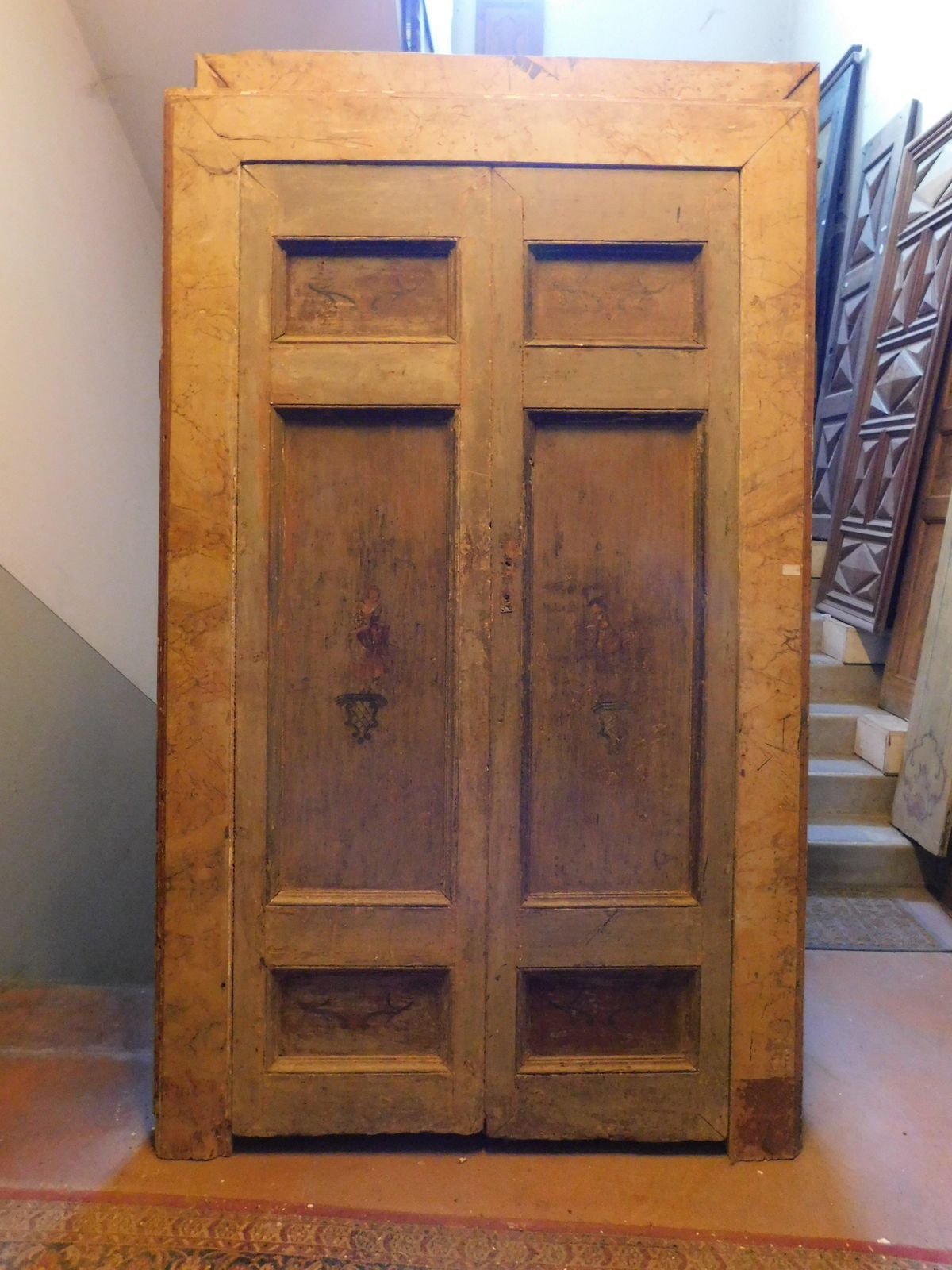Set Of 2 Doors Similar In Size, Painted Figurines And Lacquered Frame, Italy photo 5719.0