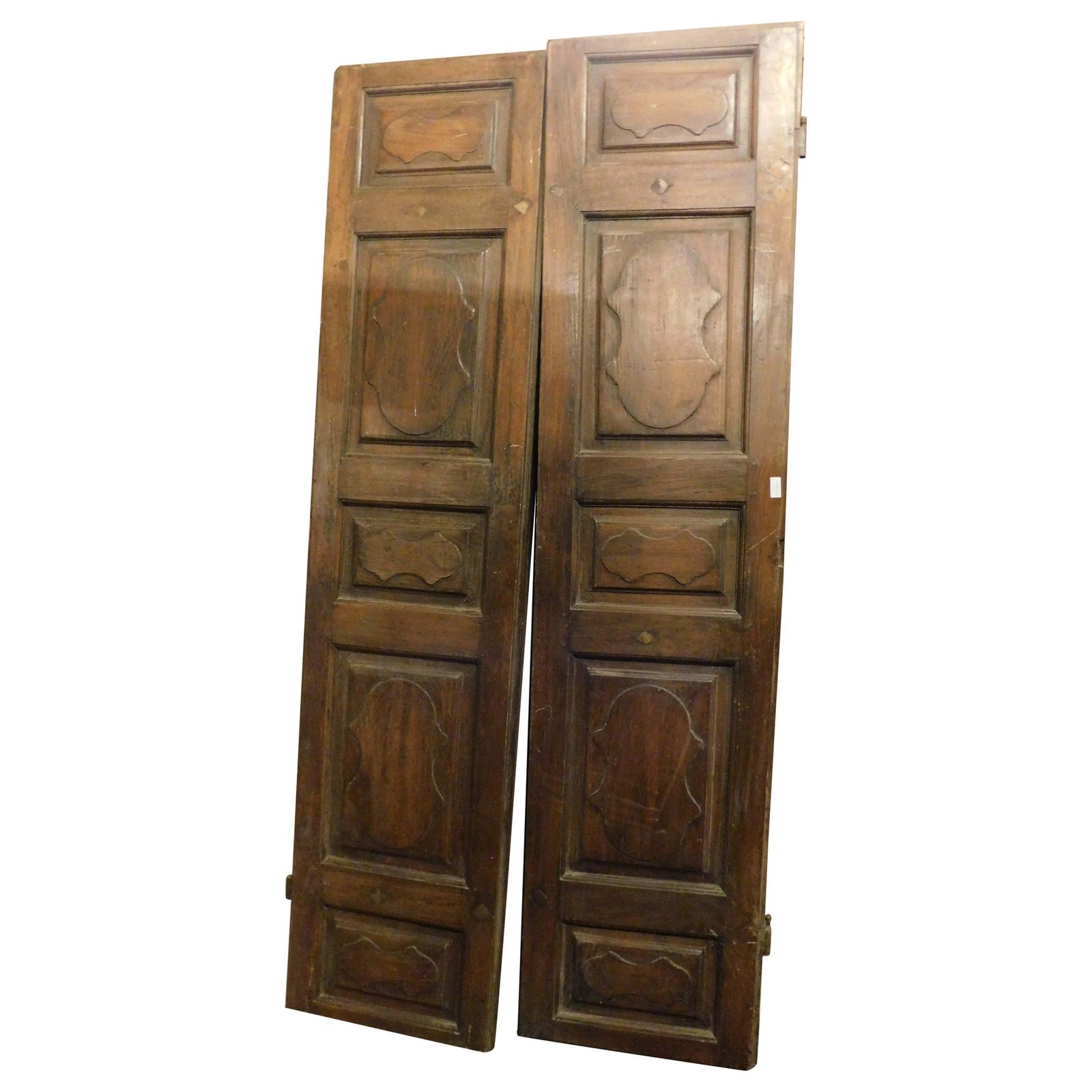 Interior Door In Walnut Wood, Two Leaves With Carved Panels, Italy