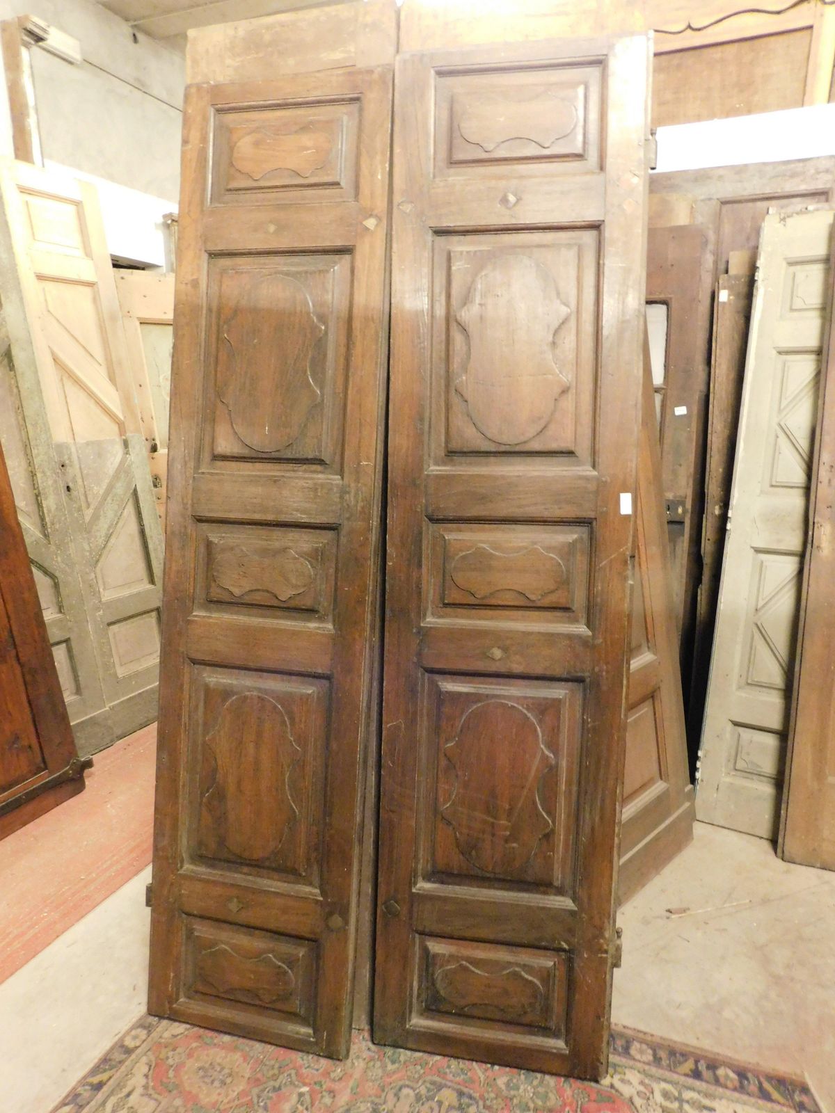 Interior Door In Walnut Wood, Two Leaves With Carved Panels, Italy photo Home Fixtures