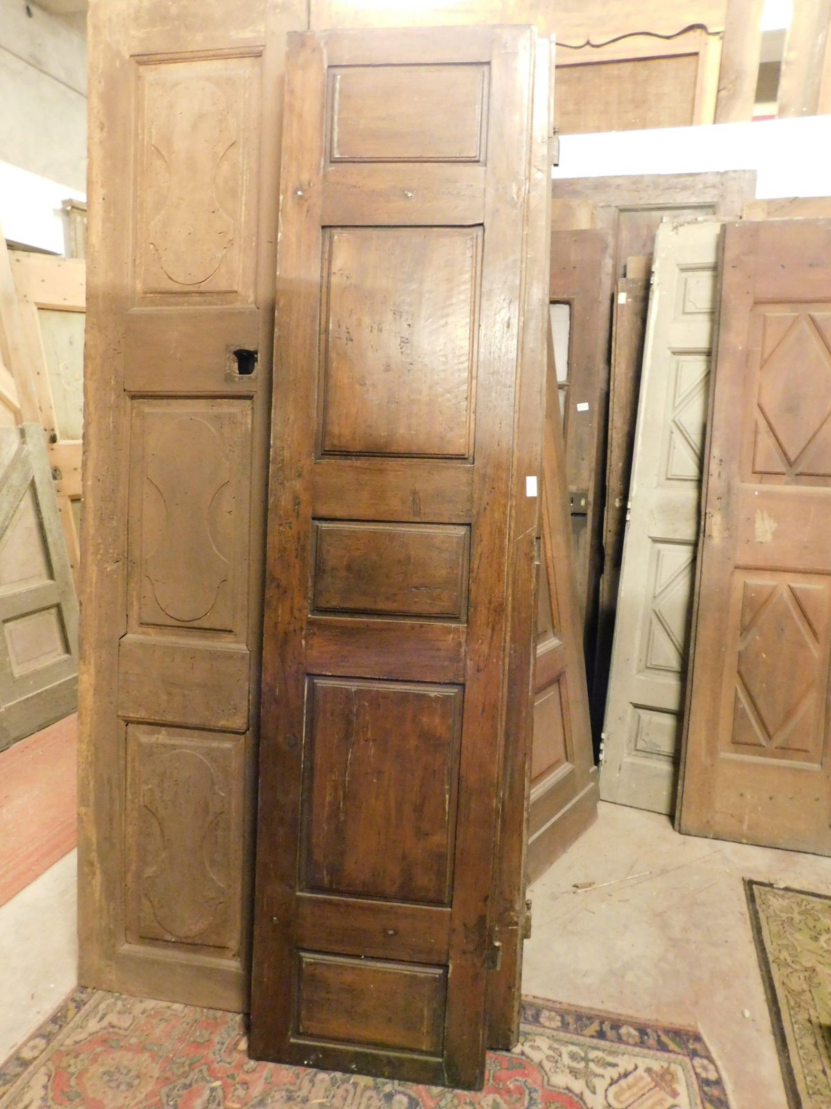 photo for sale Interior Door In Walnut Wood, Two Leaves With Carved Panels, Italy