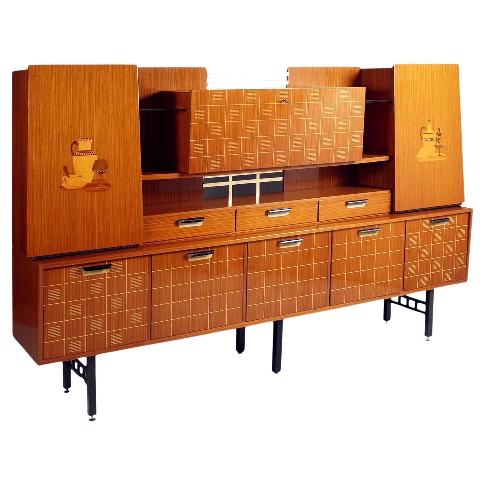 1960s Sideboard La Permanente Mobili Cantù In Veneered Rosewood With Maple Inlay