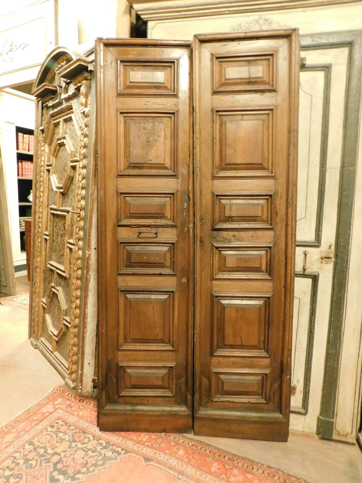 Double Door In Walnut Wood, Two Paneled Leaves, Italy photo for sale