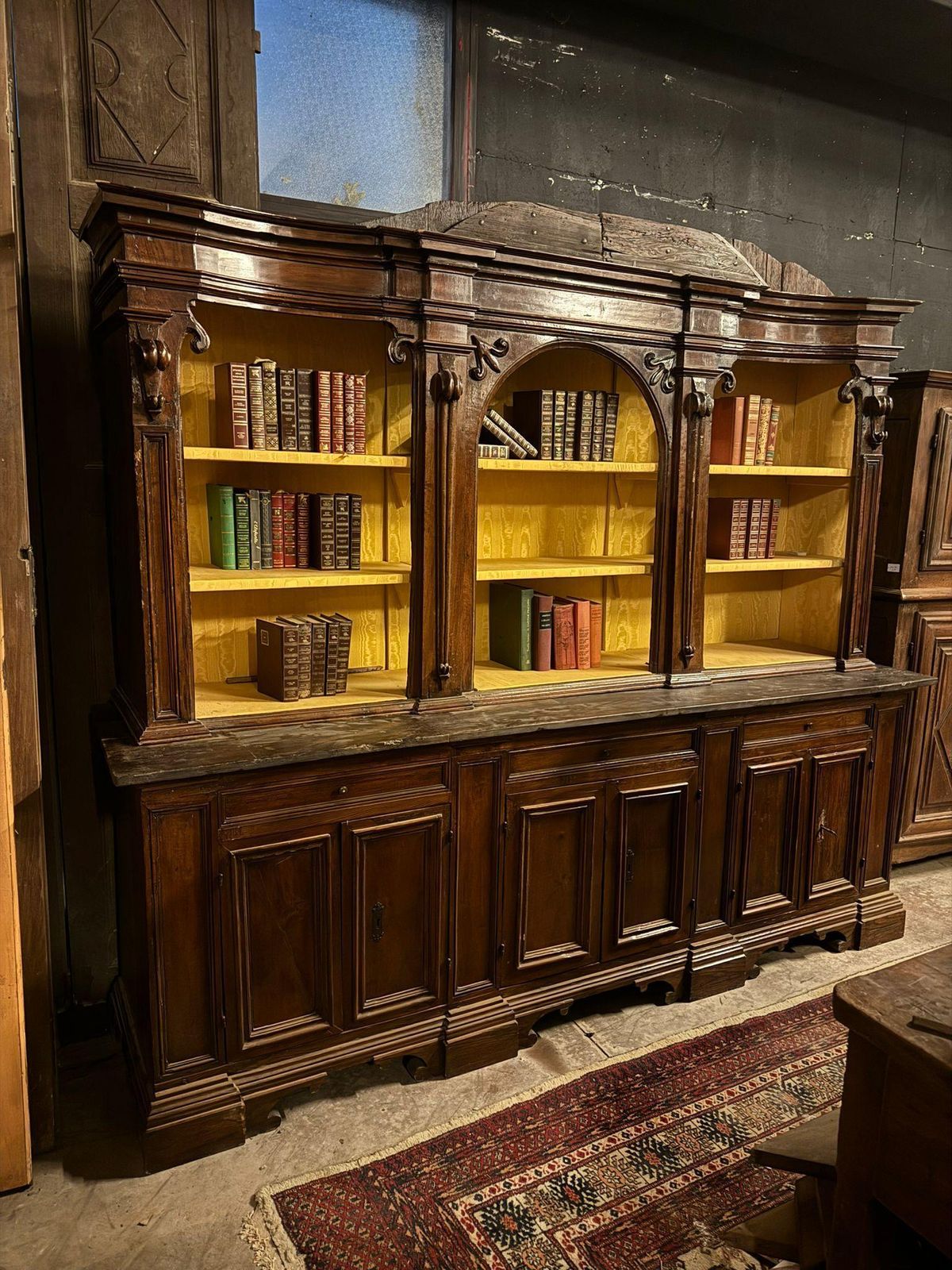 Walnut Bookcase With Carved Columns, Doors And Open Shelves, Italy photo furniture